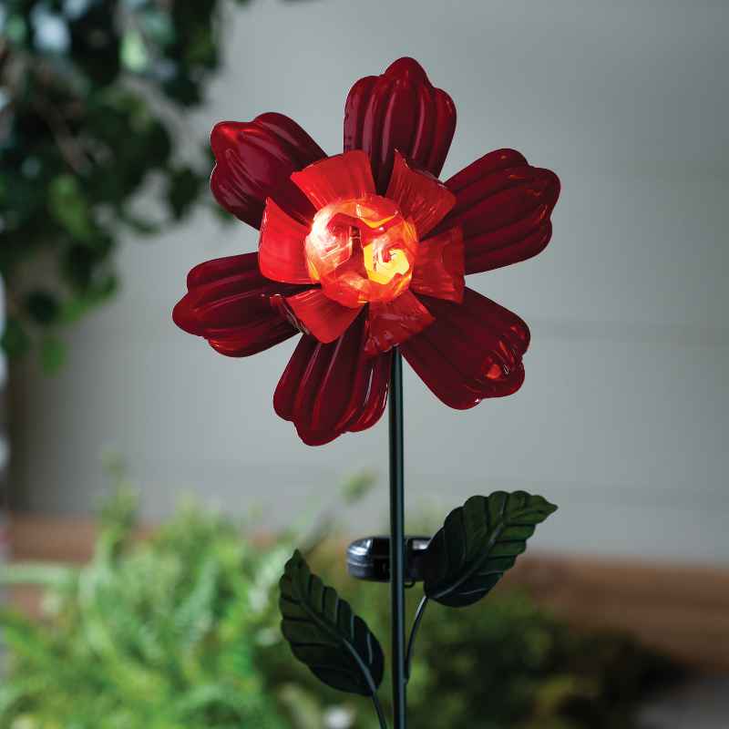 Red Metal Solar Flower Stake